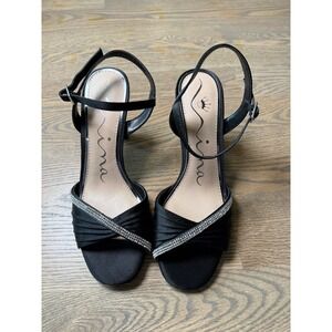 Nina Black Satin Rhinestone Ankle Strap Block Heel Sandals Women's 7M